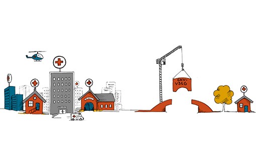 Grafik zeigt auf der rechten Bildseite Krankenhäuser und einen Hubschrauber, in der Mitte eine Brücke mit Kran der symbolisch ein Baustück herunterläßt und links im Bild ein Baum und ein kleines Ärztehaus 