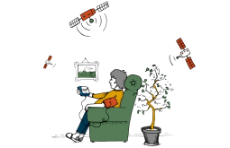 Grafik zur Telemedizin: Person sitzt im Sessel und regelt mit der rechten Hand ein Gerät, Bild hängt an der Wand, um die Person herum fliegen Satelliten, hinter dem Sessel steht eine Zimmerpflanze