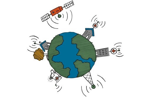 Grafik: stilisierte Weltkugel mit Krankenhaus, Rettungswagen und Funkmast angeordnet, drum herum fliegt ein Satellit Grafik: stilisierte Weltkugel mit Krankenhaus, Rettungswagen und Funkmast angeordnet, drum herum fliegt ein Satellit