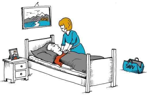 Grafik: Kranker liegt im Bett, Bild über dem Bett, Nachttisch mit einem eingerahmten Foto darauf, eine Krankenschwester betreut den Mann 