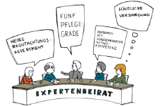 Illustration: Fünf Menschen diskutieren an einem Tisch mit der Aufschrift Expertenbeirat über den Pflegebedürftigkeitsbegriff.