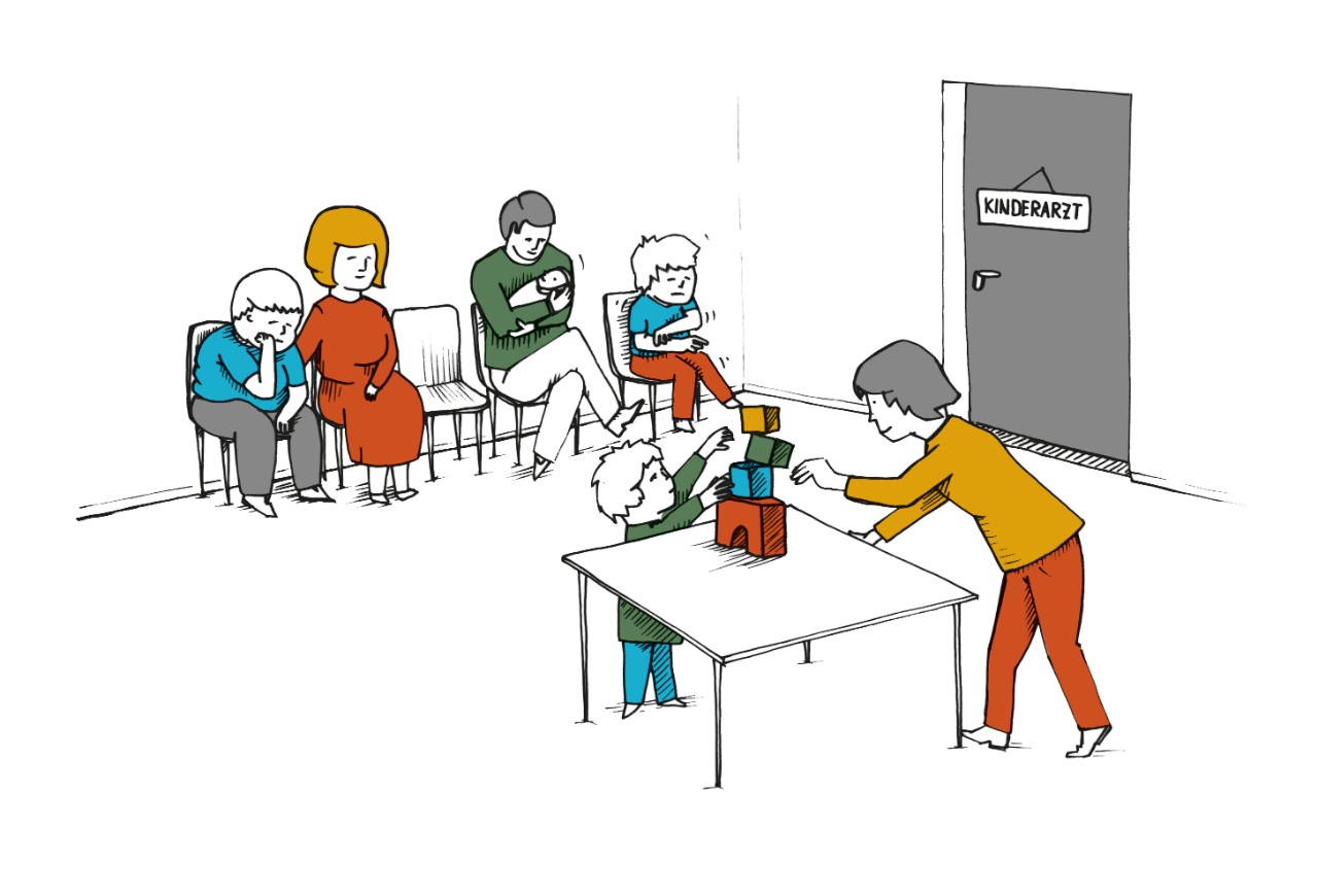Grafik: Eltern mit ihren Kindern im Wartezimmer beim Kinderarzt Grafik: Eltern mit ihren Kindern im Wartezimmer beim Kinderarzt