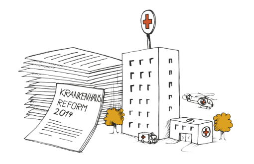 Illustration: Miniaturkrankenhaus, daneben ein Stapel Papier. Auf einem heruntergefallenen Papier steht "Krankenhausreform 2014" Illustration: Miniaturkrankenhaus, daneben ein Stapel Papier. Auf einem heruntergefallenen Papier steht "Krankenhausreform 2014"