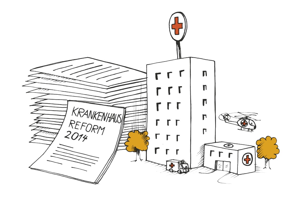 Illustration: Miniaturkrankenhaus, daneben ein Stapel Papier. Auf einem heruntergefallenen Papier steht "Krankenhausreform 2014" Illustration: Miniaturkrankenhaus, daneben ein Stapel Papier. Auf einem heruntergefallenen Papier steht "Krankenhausreform 2014"