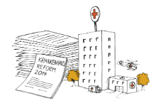 Illustration: Miniaturkrankenhaus, daneben ein Stapel Papier. Auf einem heruntergefallenen Papier steht "Krankenhausreform 2014"