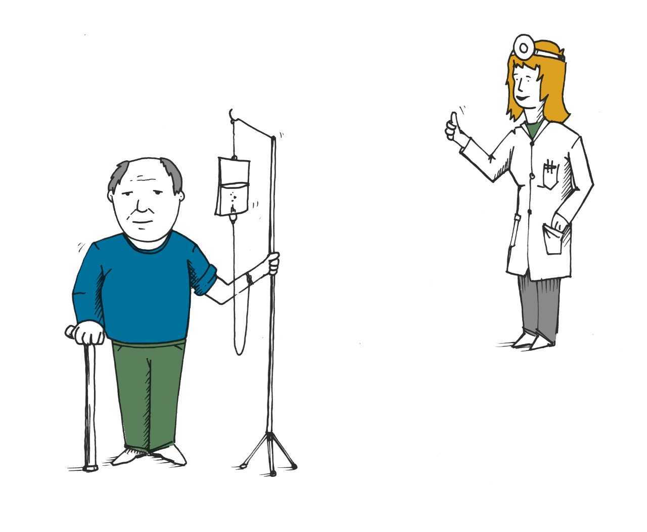 Illustration: Ein älterer Herr steht mit einem Krückstock in der rechten Hand und einem Infusionsständer an der linken Hand. Im Hintergrund eine Ärztin. Illustration: Ein älterer Herr steht mit einem Krückstock in der rechten Hand und einem Infusionsständer an der linken Hand. Im Hintergrund eine Ärztin.