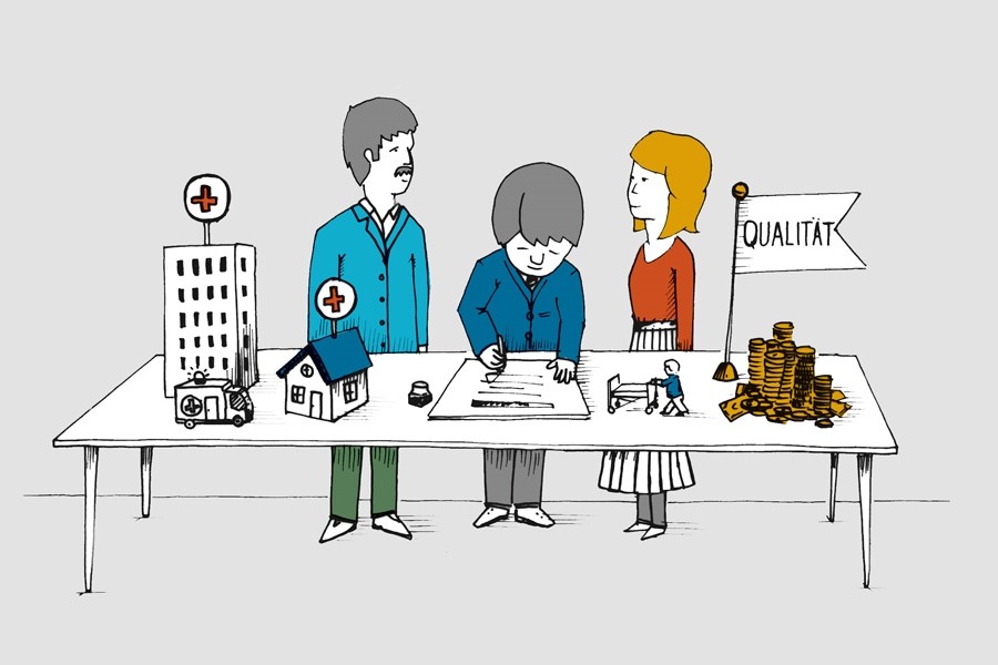 Illustration: Drei Politiker handeln den Koalitionsvertrag aus. Illustration: Drei Politiker handeln den Koalitionsvertrag aus.