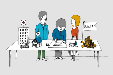 Illustration: Drei Politiker handeln den Koalitionsvertrag aus.