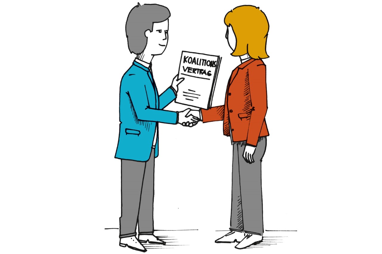 Illustration: Zwei Politiker besiegeln per Handschlag den Koalitionsvertrag Illustration: Zwei Politiker besiegeln per Handschlag den Koalitionsvertrag