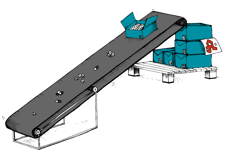 Die Illustration zeigt ein Fließband, auf dem wenige Arzneimittel transportiert werden. Im Hintergrund eine Palette mit Arzneimittelpaketen darauf und einem Zettel mit dem Apothekersymbol.
