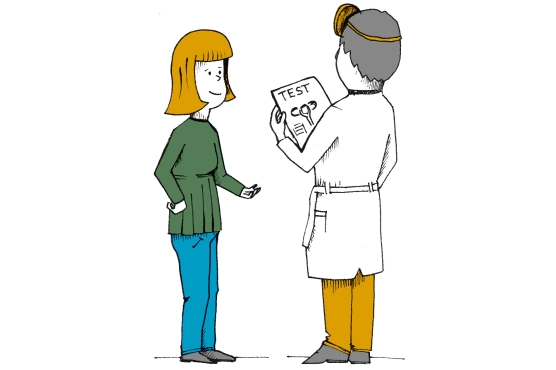 Illustration: Patientin mit Arzt, der Arzt hält einen Testbogen in der Hand.