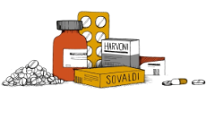 Illustration: Verschiedene Tablettenschachteln mit der Aufschrift "Sovaldi" und "Harvoni".