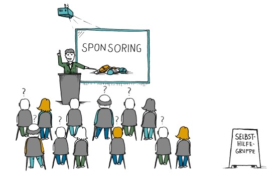 Illustration: Redner hält vor einer Selbsthilfegruppe einen Vortrag zum Thema Sponsoring.
