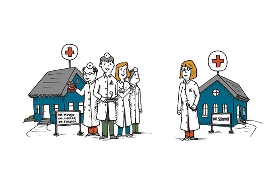 Illustration: Zahnärzte stehen vor Ärztehäusern