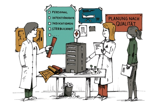Illustration: Drei Personen vor einem Krankenhaus-Modell