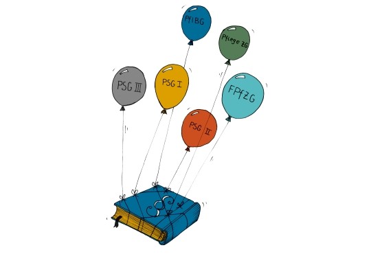 Illustration: Ein Buch hängt an schwebenden Ballons Illustration: Ein Buch hängt an schwebenden Ballons
