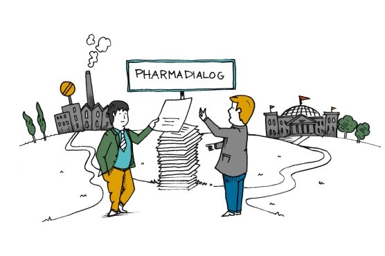 Illustration: Zwei Personen diskutieren vor einem Stapel Papier mit der Aufschrift "Pharmadialog"