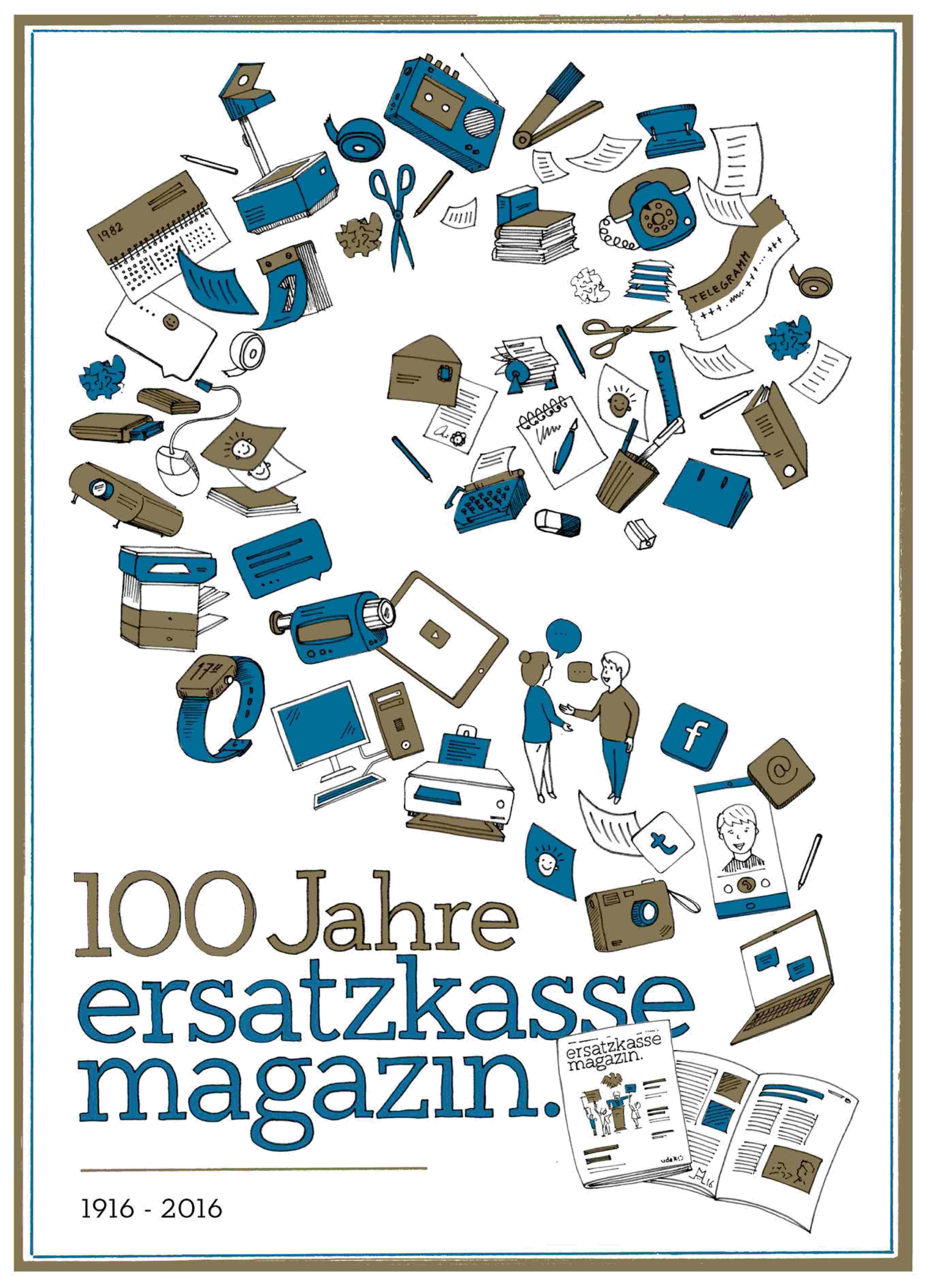 Illustration mit verschiedenen herumfliegenden Gegenständen und der Aufschrift "100 Jahre ersatzkasse magazin."
