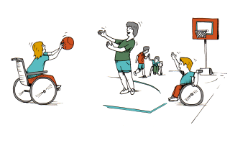 Illustration: Rollstuhlfahrer spielen mit Nichtbehinderten Basketball