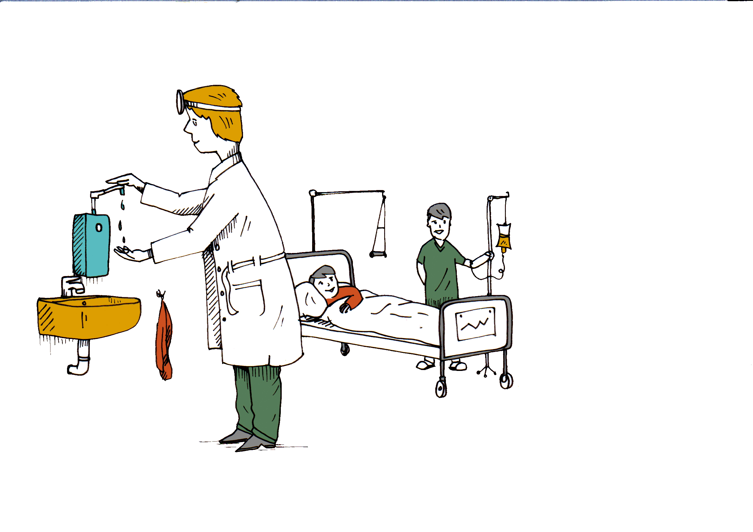 Illustration: Ein Arzt desinfiziert seine Hände vor der Arbeit mit Patienten
