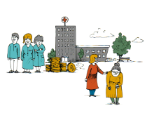 Illustration: Personal und Patienten vor einem Krankenhaus