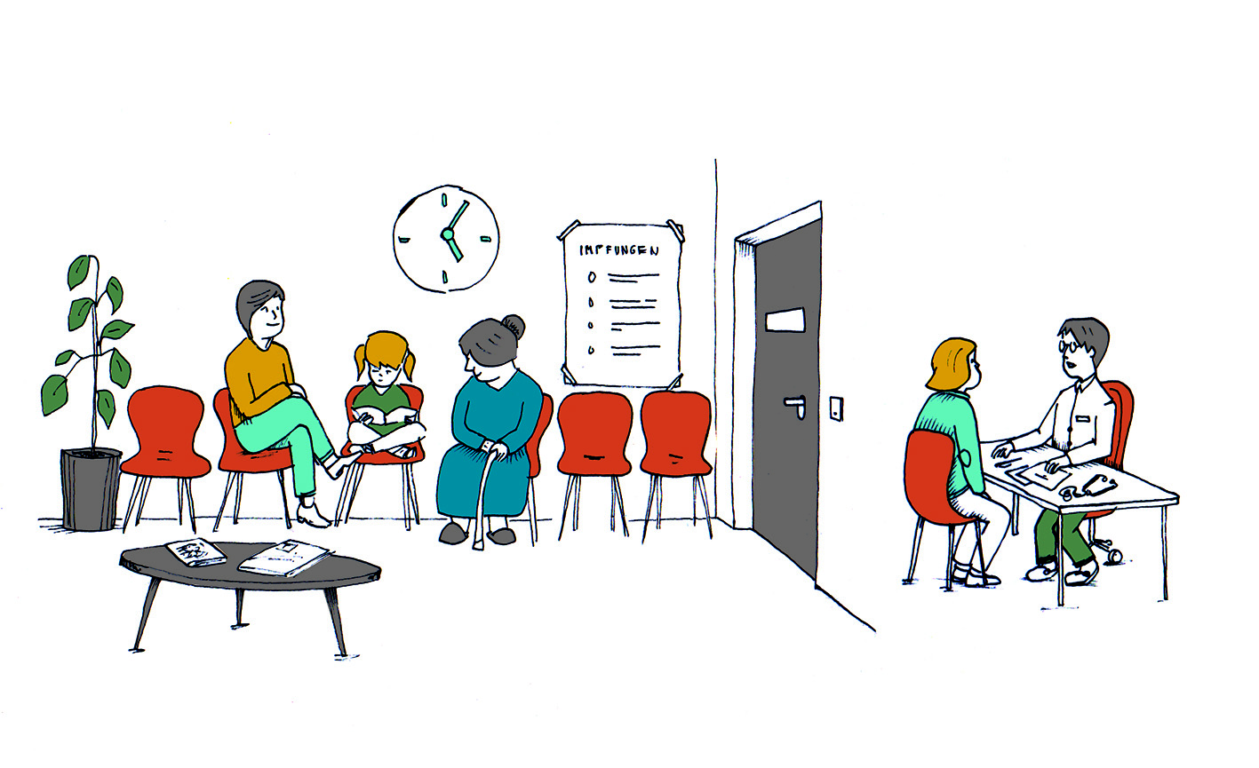 Illustration: Warte- und Sprechzimmer beim Arzt