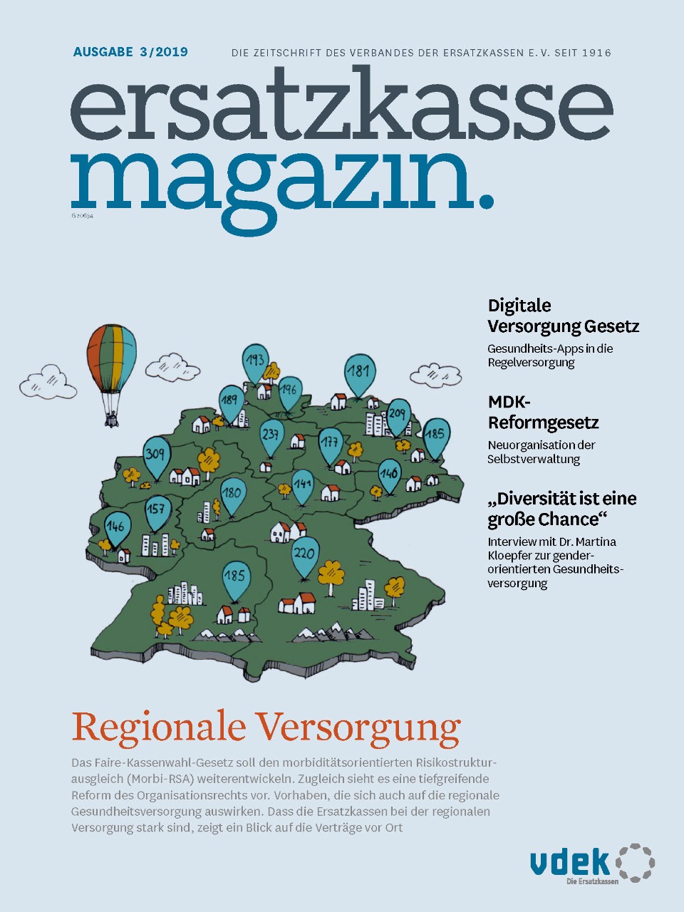 Titelblatt ersatzkasse magazin 3.2019 Titelthema Regionale Versorgung Abbildung Deutschlandkarte Titelblatt ersatzkasse magazin 3.2019 Titelthema Regionale Versorgung Abbildung Deutschlandkarte