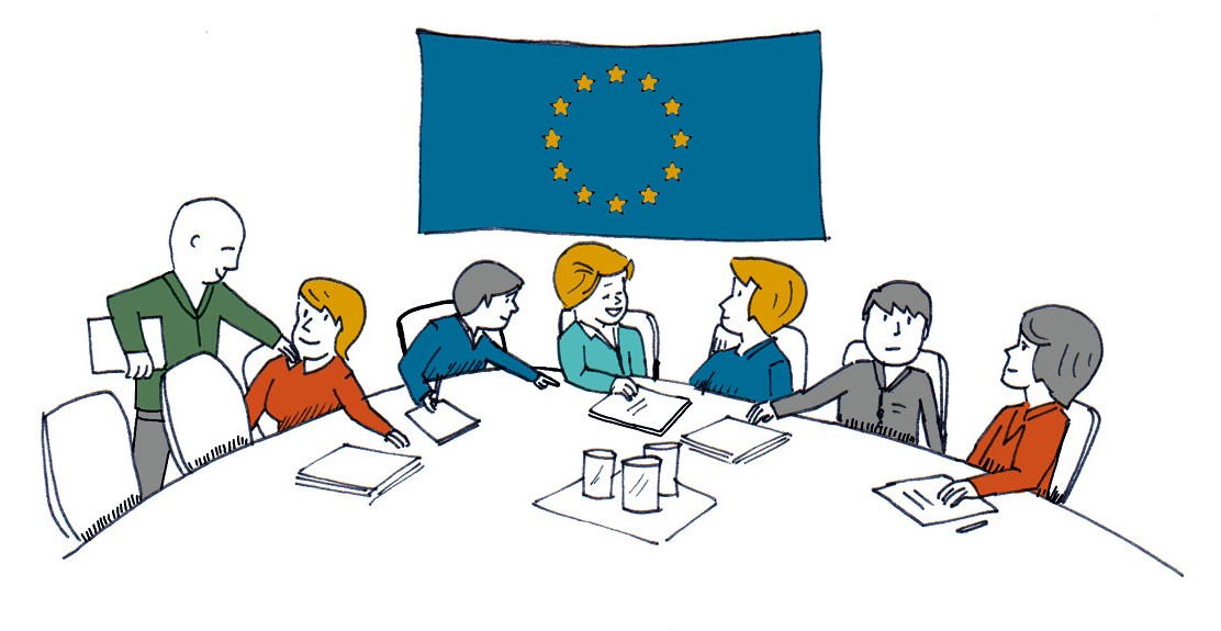 Illustration: EU am runden Tisch, Gruppe von Menschen im Hintergrund die EU-Flagge