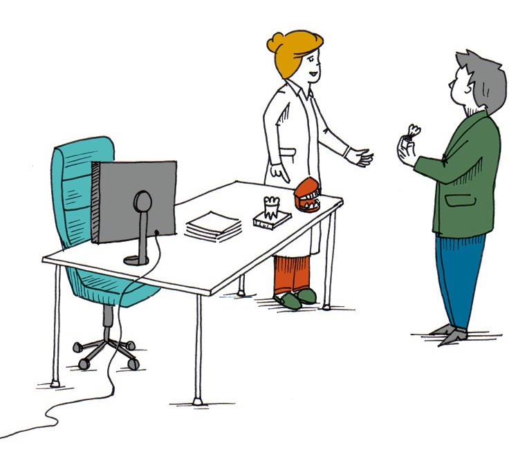 Illustration: Zahngesundheitsversorgung hängt von der Postleitzahl ab, Ärztin und Patient im Gespräch