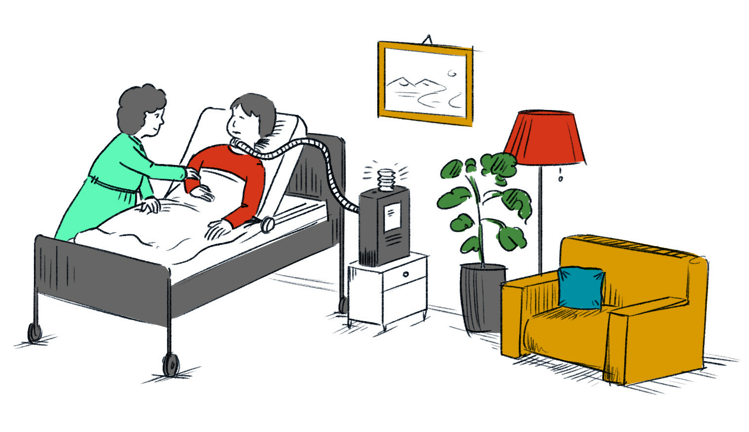 Illustration: Patient Mann im Bett liegend mit Beatmungsgerät, häusliche Pflege Versorgung von Mutter, Frau, Krankenschwester