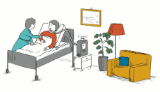 Illustration: Patient Mann im Bett liegend mit Beatmungsgerät, häusliche Pflege Versorgung von Mutter, Frau, Krankenschwester