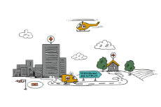 Illustration: Krankenhauslandschaft, über die ein Hubschrauber fliegt