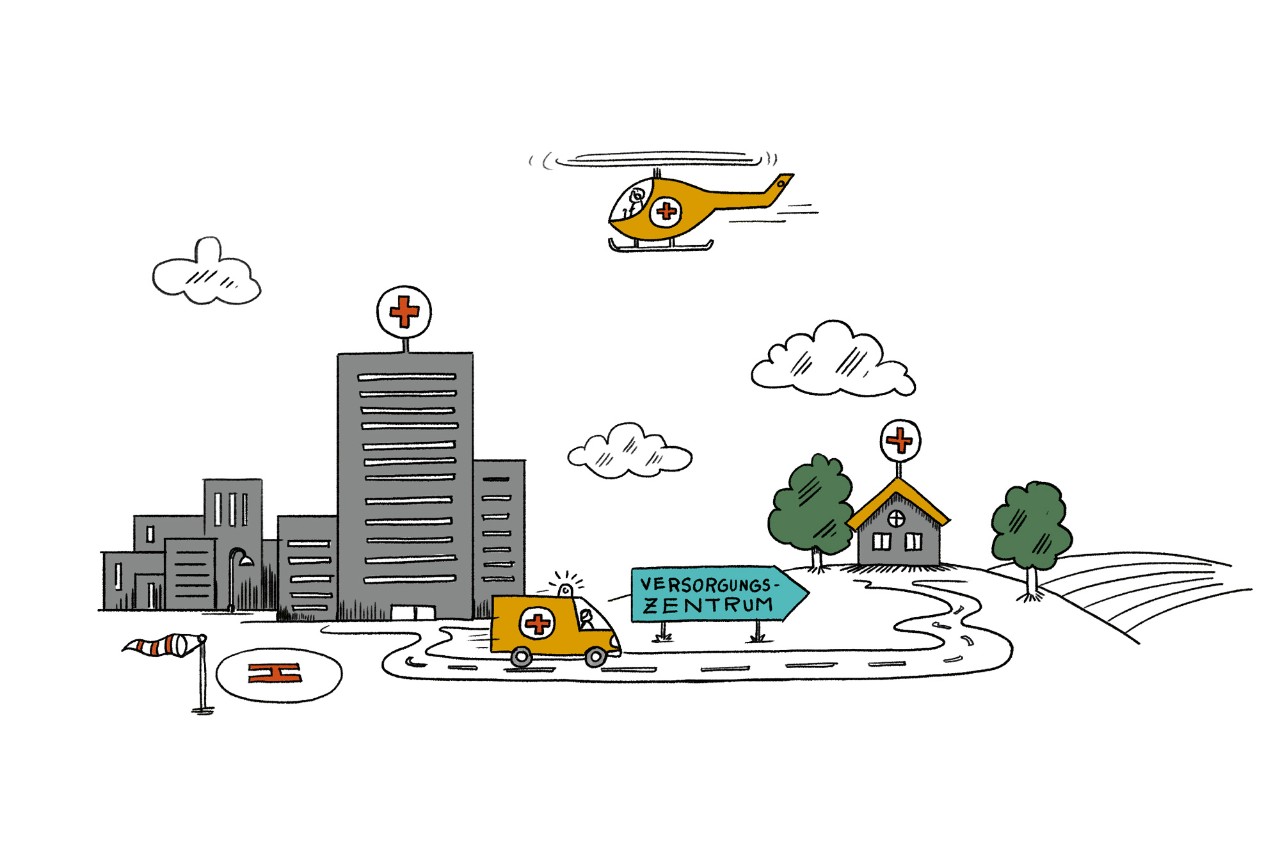 Illustration: Krankenhauslandschaft, über die ein Hubschrauber fliegt