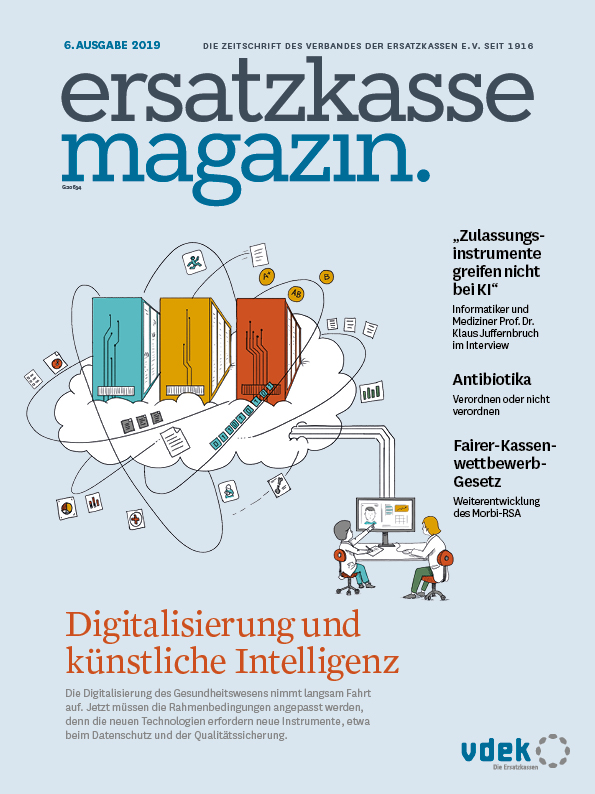 Titelblatt ersatzkasse magazin. 6/2019: Digitalisierung und künstliche Intelligenz (KI) - Nutzen und Qualität technischer Innovationen - Umgang mit Antibiotika