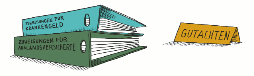 Illustration: Zwei übereinanderliegende Aktenordner neben einem Schild mit der Aufschrift Gutachten