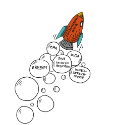 Illustration: Rakete startet in die digitale Gesundheit