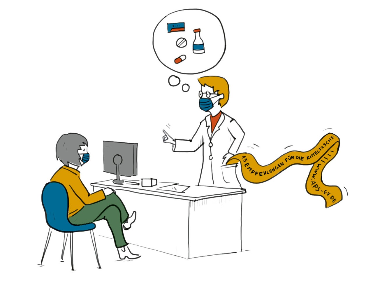 Illustration: Arzt und Patient Medikationsfehler vermeiden Illustration: Arzt und Patient Medikationsfehler vermeiden