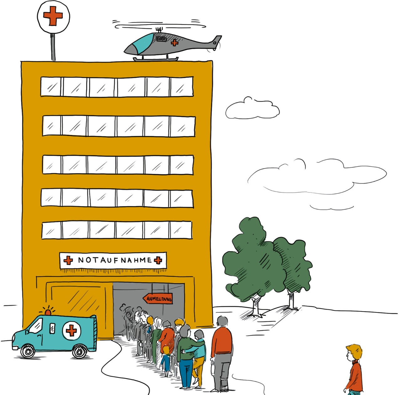 Illustration: Warteschlange von Menschen, Patienten vor Notaufnahme im Krankenhaus Illustration: Warteschlange von Menschen, Patienten vor Notaufnahme im Krankenhaus