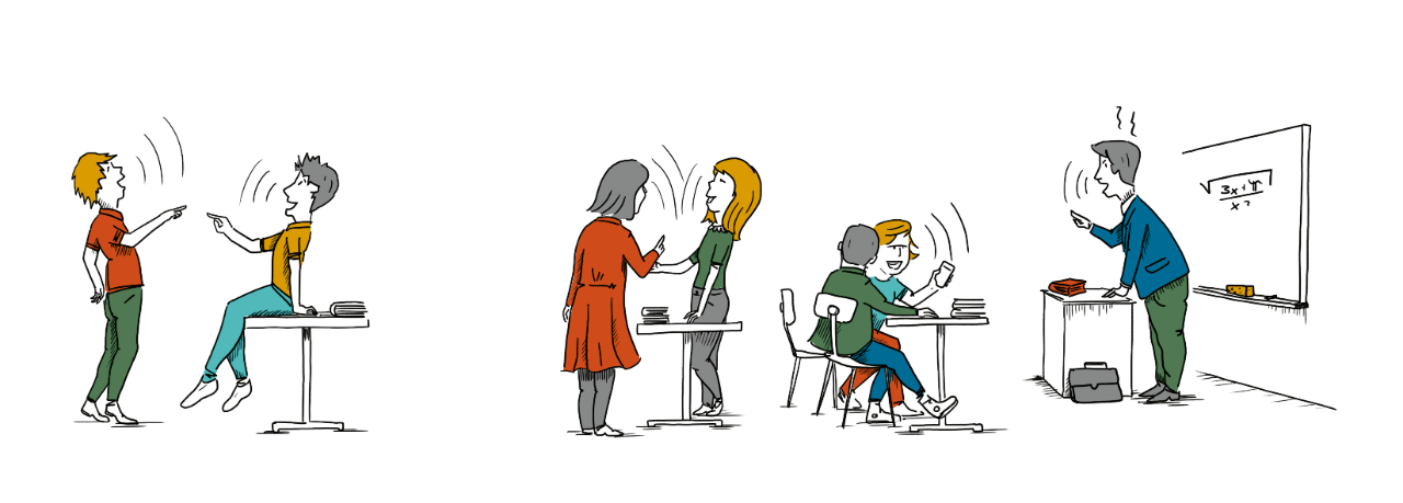 Illustration hilfloser Lehrer und laute Schüler im Klassenzimmer Illustration hilfloser Lehrer und laute Schüler im Klassenzimmer
