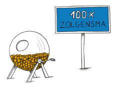 Eine Lostrommel, daneben ein Schild mit der Aufschrift 100x Zolgensma