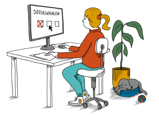 Illustration: Online-Sozialwahlen, Frau am Computer Illustration: Online-Sozialwahlen, Frau am Computer