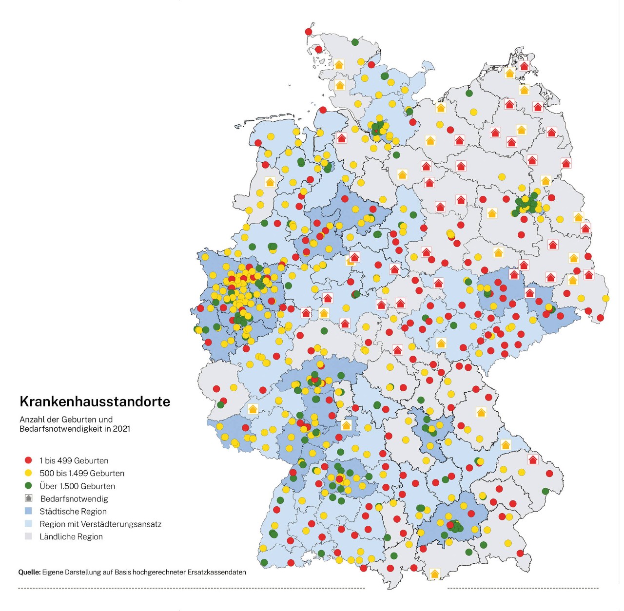 Krankenhausstandorte: Anzahl der Geburten und Bedarfsnotwendigkeit in 2021