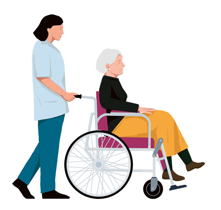 Illustration Pflegerin mit Rollstuhlfahrerin
