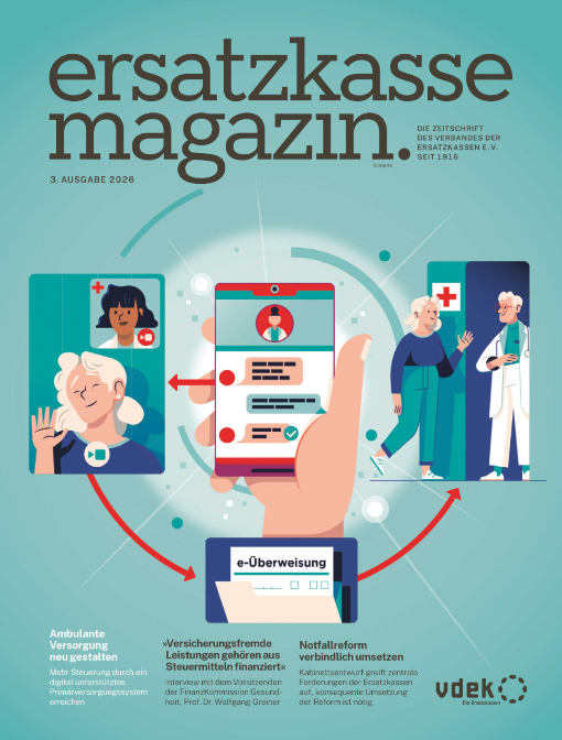 Titelseite vdek ersatzkasse magazin. Ausgabe 3/2026 mit Illustration zu Videosprechstunde mit digitaler e-Überweisung