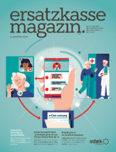 Titelseite vdek ersatzkasse magazin. Ausgabe 3/2026 mit Illustration zu Videosprechstunde mit digitaler e-Überweisung