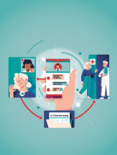 Illustration einer Videosprechstunde mit digitaler e-Überweisung: Eine ältere Patientin kommuniziert per Smartphone mit einer Ärztin. Pfeile zeigen den digitalen Ablauf von der Videoberatung über die elektronische Überweisung bis zum Arztbesuch.