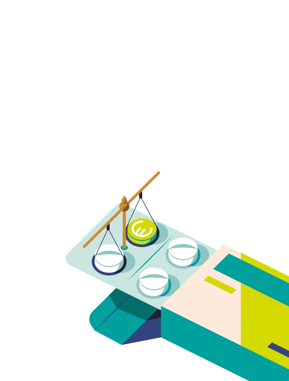 Illustration einer Arzneimittelpackung mit mehreren Tabletten und einer Waage als Symbol für die Kosten- und Nutzenbewertung von Medikamenten.