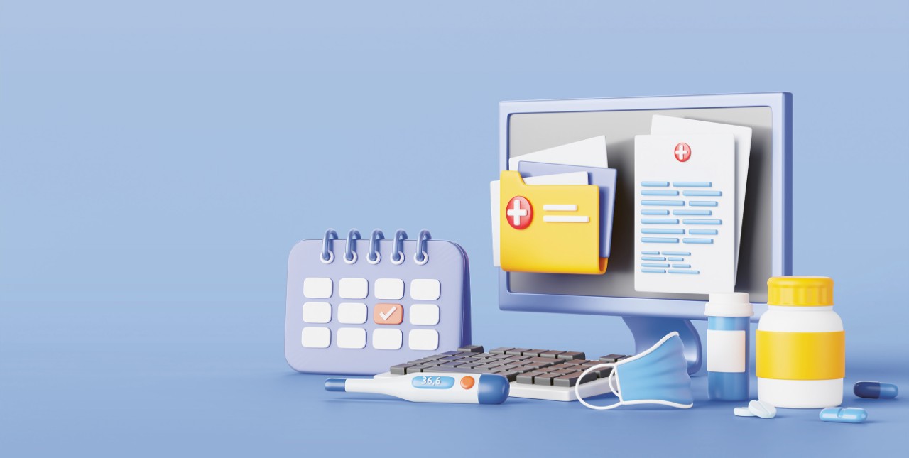 Symbolgrafik zu digitalen Gesundheitsdaten mit Computer, medizinischen Dokumenten, Kalender und Medikamenten.