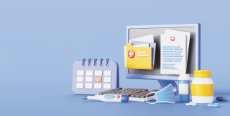 Symbolgrafik zu digitalen Gesundheitsdaten mit Computer, medizinischen Dokumenten, Kalender und Medikamenten.