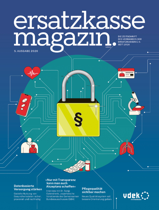 Titelseite vdek ersatzkasse magazin. Ausgabe 5/2026 mit Illustration zu digitalen Daten im Gesundheitswesen: Sicherheitsschloss und Gesundheitssymbole